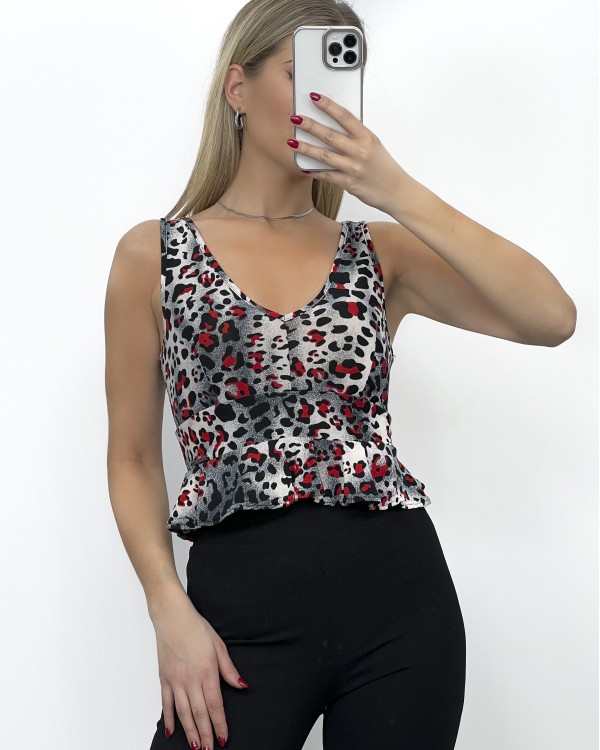 Crop top λεοπάρ με βολάν στο τελείωμα καφέ
