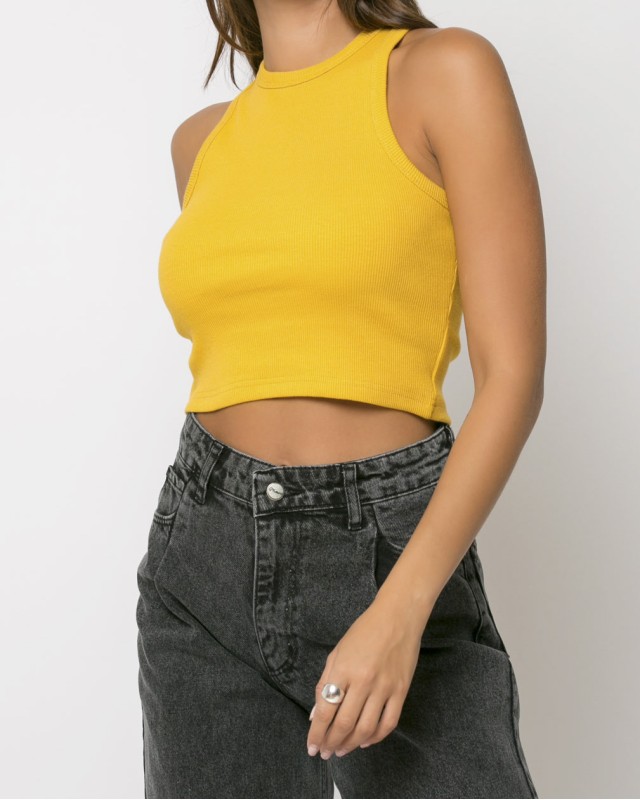 Crop top rip μουσταρδί