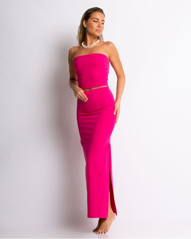 Σετ crop στράπλες και φούστα με σκίσιμο magenta Σετ crop στράπλες και φούστα με σκίσιμο magenta