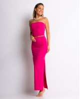 Σετ crop στράπλες και φούστα με σκίσιμο magenta Σετ crop στράπλες και φούστα με σκίσιμο magenta