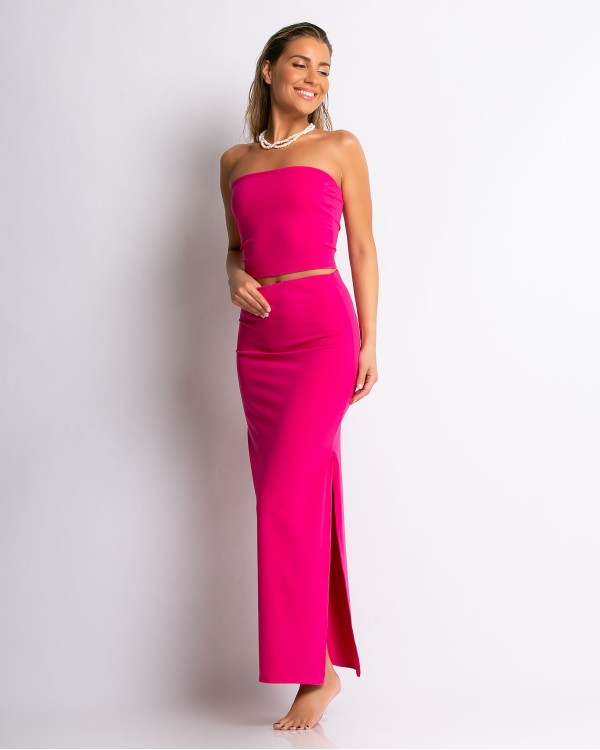 Σετ crop στράπλες και φούστα με σκίσιμο magenta