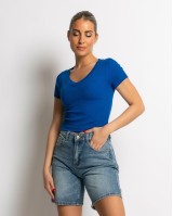 Crop top ριπ με διπλό V μπλε ρουά Crop top ριπ με διπλό V μπλε ρουά