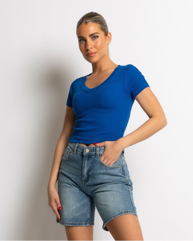 Crop top ριπ με διπλό V μπλε ρουά Crop top ριπ με διπλό V μπλε ρουά