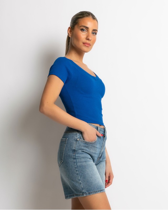 Crop top ριπ με διπλό V μπλε ρουά Crop top ριπ με διπλό V μπλε ρουά