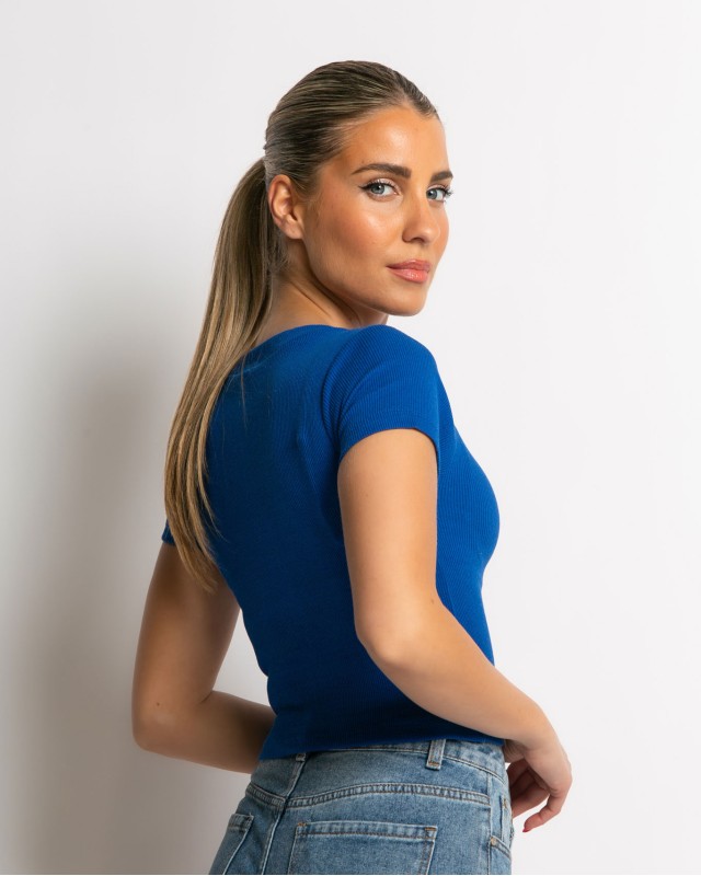 Crop top ριπ με διπλό V μπλε ρουά Crop top ριπ με διπλό V μπλε ρουά