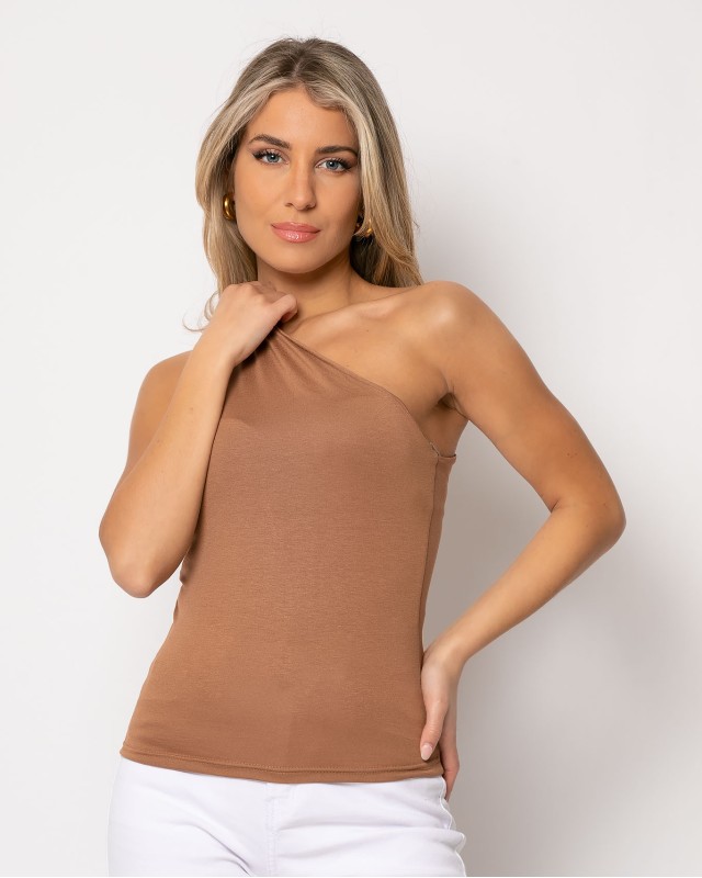 Crop top viscose με έναν ώμο κάμελ Crop top viscose με έναν ώμο κάμελ