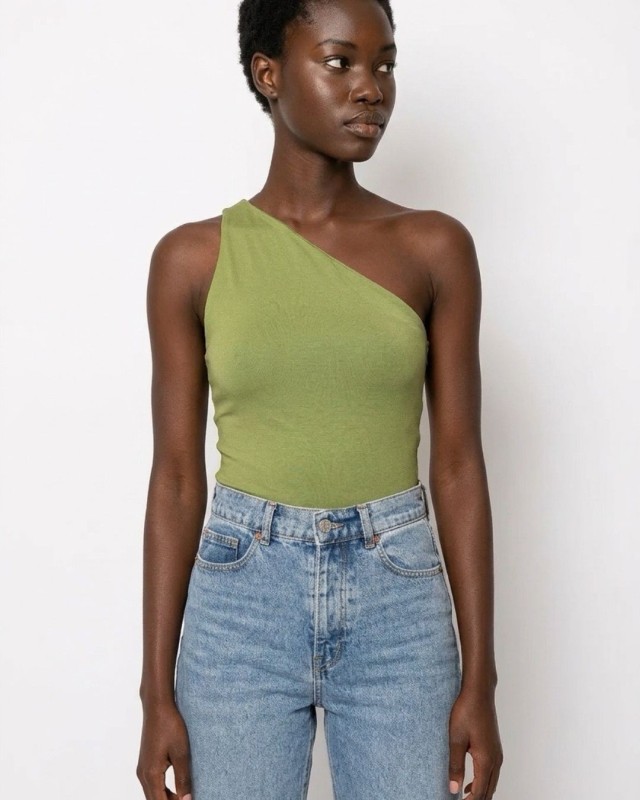 Crop top viscose με έναν ώμο λαδί