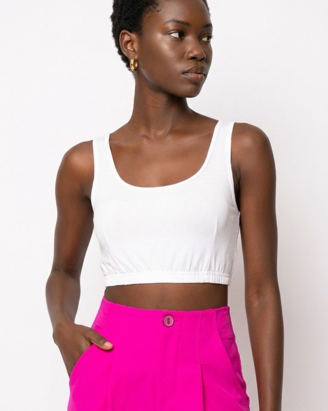 Crop top με χοντρή ράντα και λάστιχο στο τελείωμα λευκό