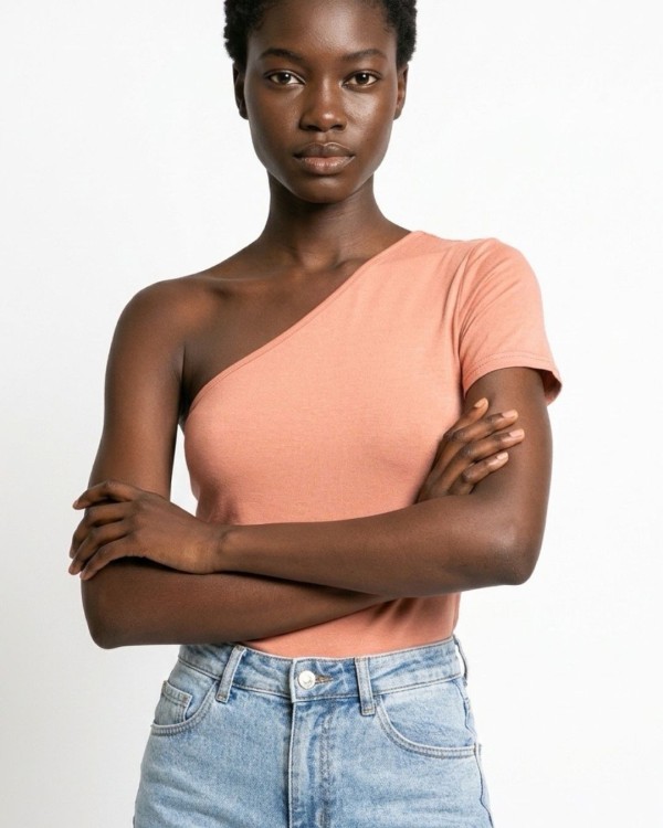 Crop top κοντομάνικο με έναν ώμο μαύρο
