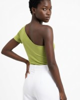 Crop top κοντομάνικο με έναν ώμο λαδί