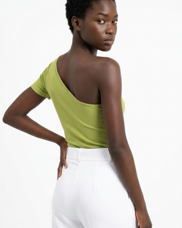 Crop top κοντομάνικο με έναν ώμο λαδί