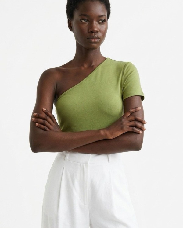 Crop top κοντομάνικο με έναν ώμο μαύρο