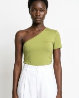 Crop top κοντομάνικο με έναν ώμο λαδί