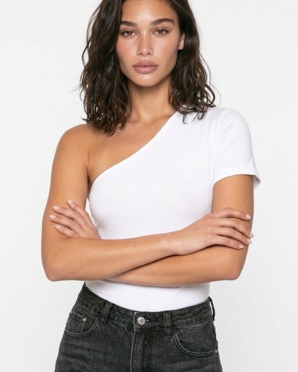 Crop top κοντομάνικο με έναν ώμο μαύρο