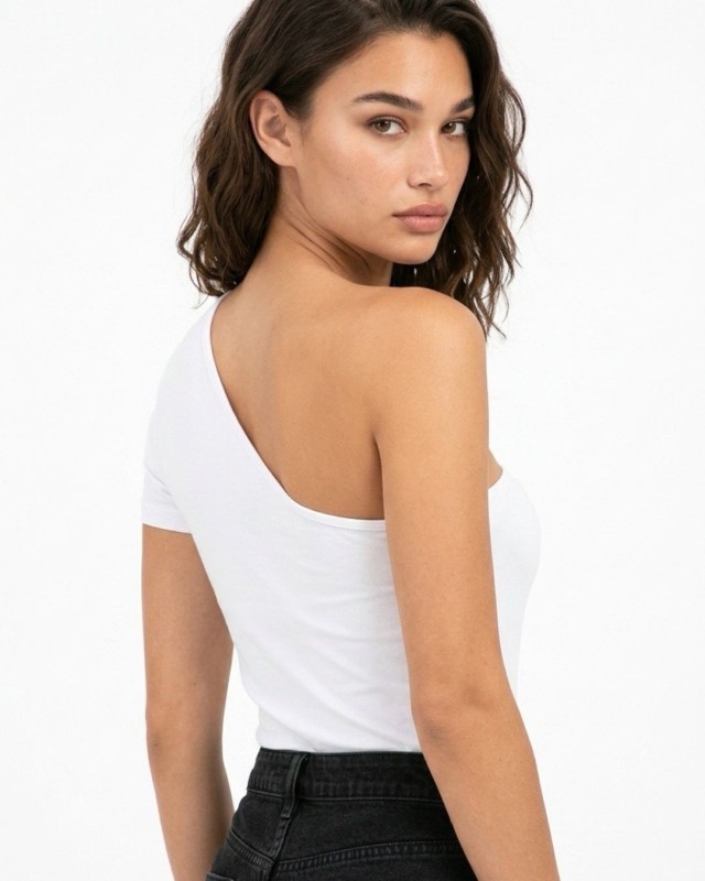 Crop top κοντομάνικο με έναν ώμο λευκό