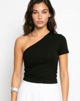 Crop top κοντομάνικο με έναν ώμο μαύρο