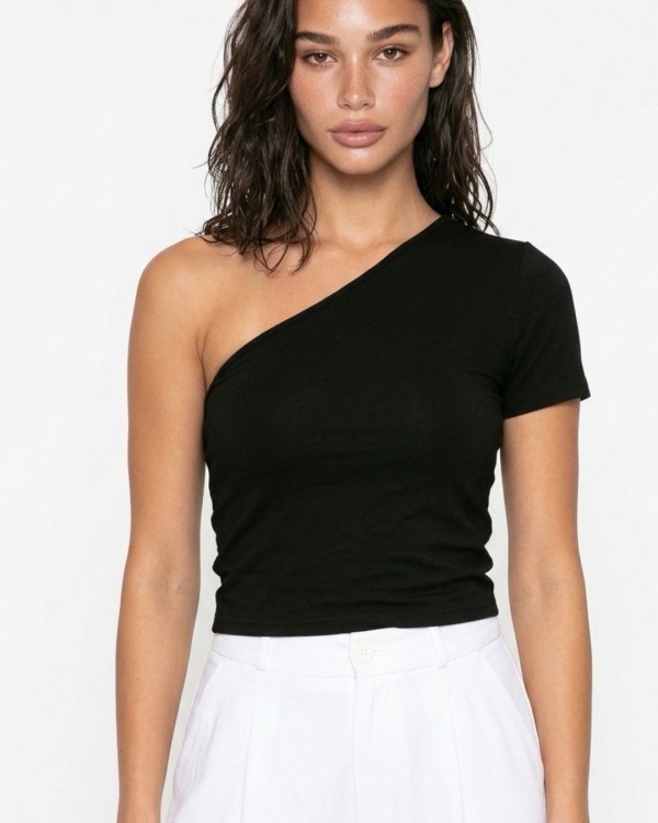Crop top κοντομάνικο με έναν ώμο μαύρο