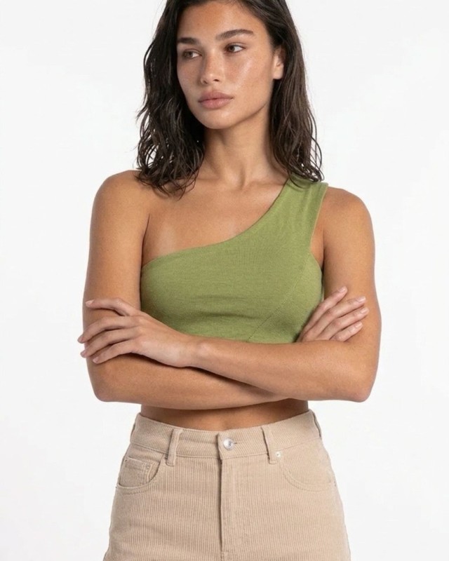 Μπλούζα Top viscose με έναν ώμο λαδί