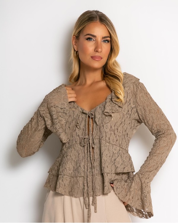 Μπλούζα δαντέλα με δέσιμο μπροστά & βολάν εκρού