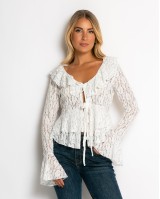 Μπλούζα δαντέλα με δέσιμο μπροστά & βολάν εκρού