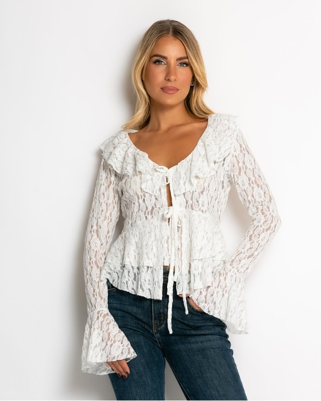 Μπλούζα δαντέλα με δέσιμο μπροστά & βολάν εκρού