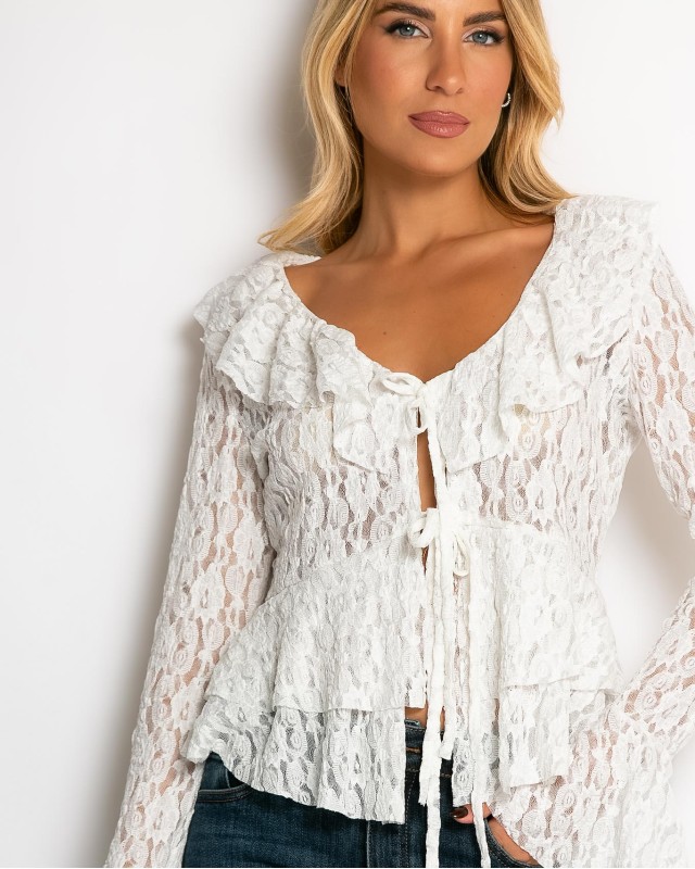 Μπλούζα δαντέλα με δέσιμο μπροστά & βολάν εκρού