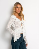 Μπλούζα δαντέλα με δέσιμο μπροστά & βολάν εκρού