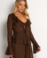 Μπλούζα δαντέλα με δέσιμο μπροστά & βολάν καφέ