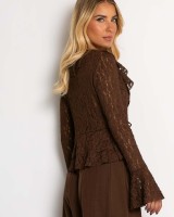 Μπλούζα δαντέλα με δέσιμο μπροστά & βολάν καφέ