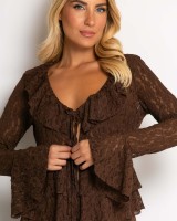 Μπλούζα δαντέλα με δέσιμο μπροστά & βολάν καφέ