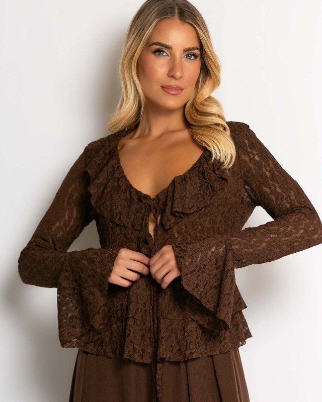 Μπλούζα δαντέλα με δέσιμο μπροστά & βολάν καφέ