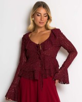 Μπλούζα δαντέλα με δέσιμο μπροστά & βολάν μπορντώ