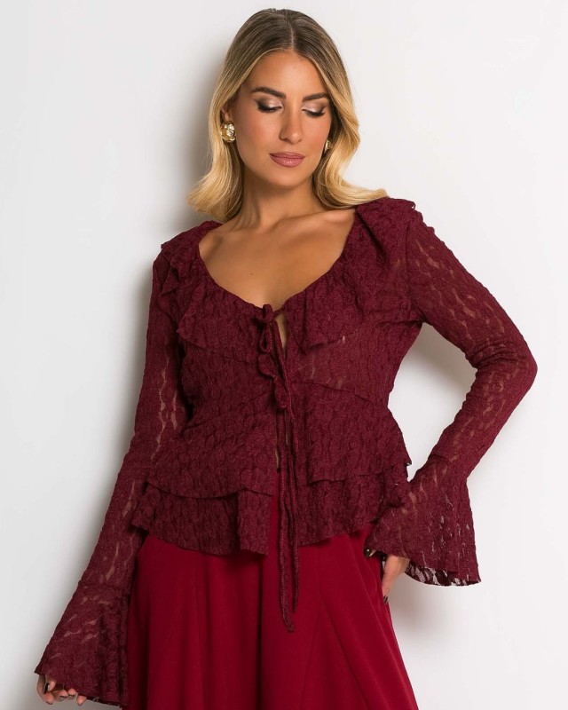 Μπλούζα δαντέλα με δέσιμο μπροστά & βολάν μπορντώ