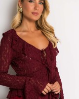 Μπλούζα δαντέλα με δέσιμο μπροστά & βολάν μπορντώ