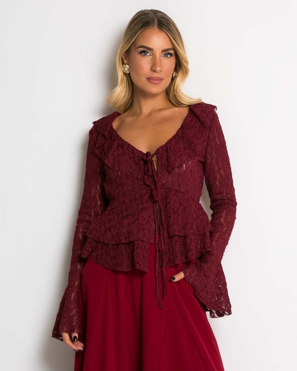 Μπλούζα δαντέλα με δέσιμο μπροστά & βολάν εκρού