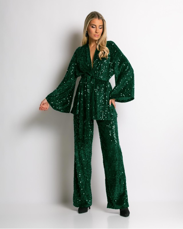 Σετ κιμονό παγιέτα με καμπάνα μανίκι - Παντελόνι ψηλόμεσο πράσινο