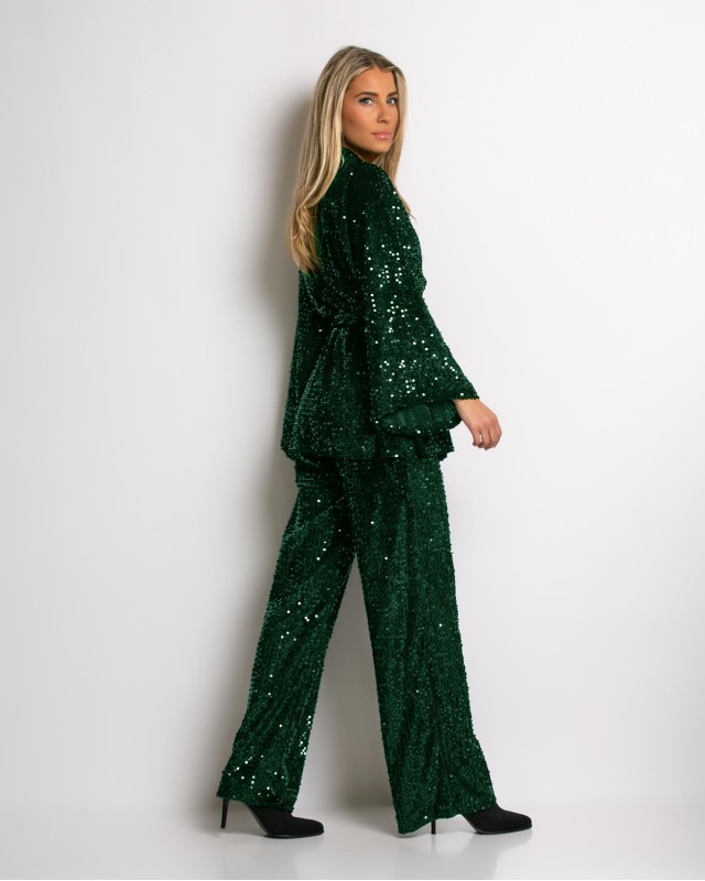 Σετ κιμονό παγιέτα με καμπάνα μανίκι - Παντελόνι ψηλόμεσο πράσινο