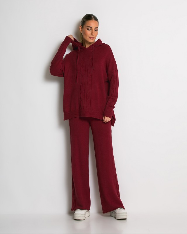 Σετ πλεκτό με σχέδιο πλεξούδα μπλούζα & παντελόνι μπορντό