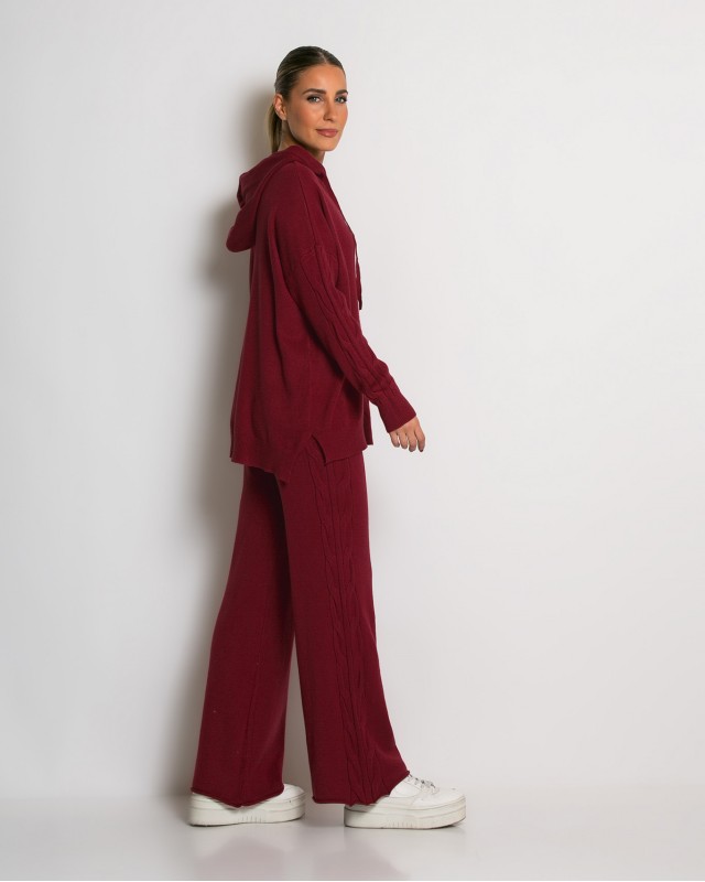 Σετ πλεκτό με σχέδιο πλεξούδα μπλούζα & παντελόνι μπορντό