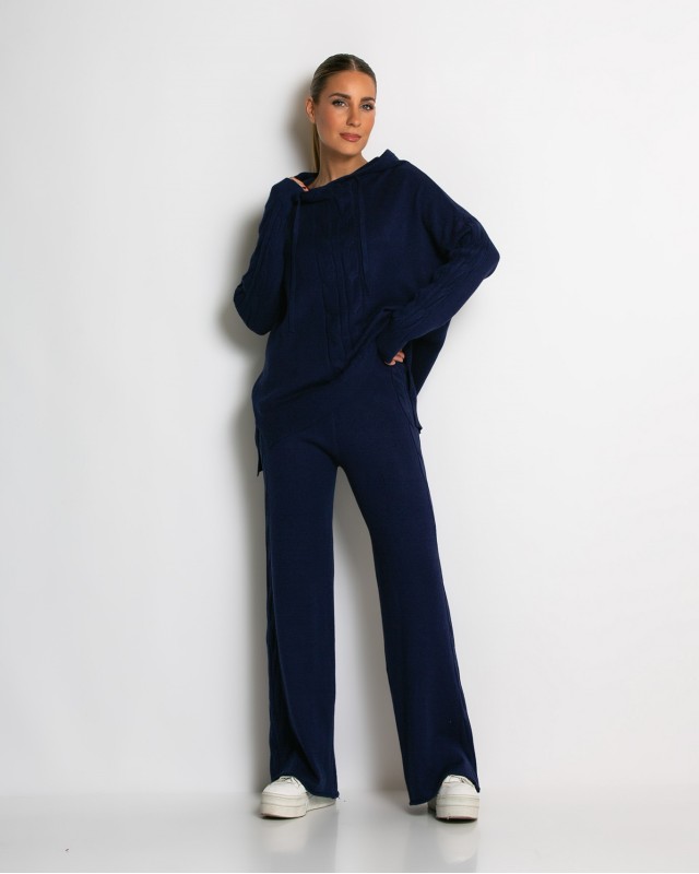 Σετ πλεκτό με σχέδιο πλεξούδα μπλούζα & παντελόνι navy