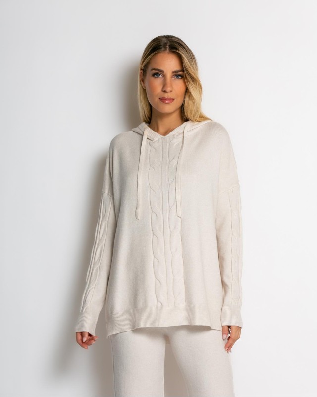 Σετ πλεκτό με σχέδιο πλεξούδα μπλούζα & παντελόνι cream