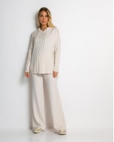 Σετ πλεκτό με σχέδιο πλεξούδα μπλούζα & παντελόνι cream
