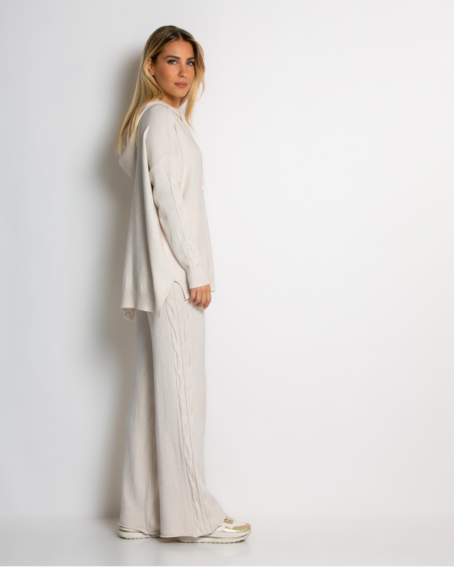 Σετ πλεκτό με σχέδιο πλεξούδα μπλούζα & παντελόνι cream