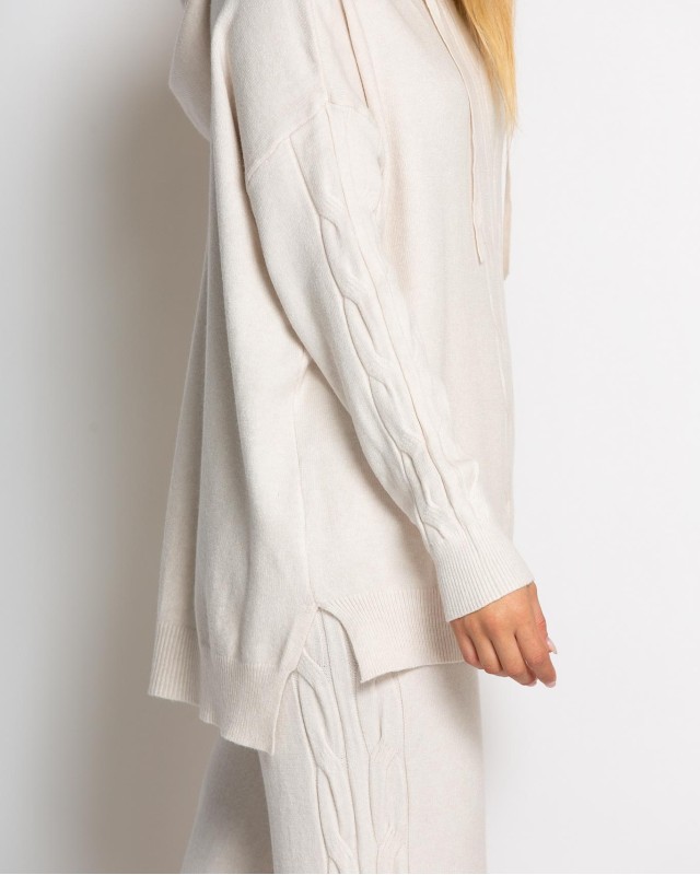 Σετ πλεκτό με σχέδιο πλεξούδα μπλούζα & παντελόνι cream