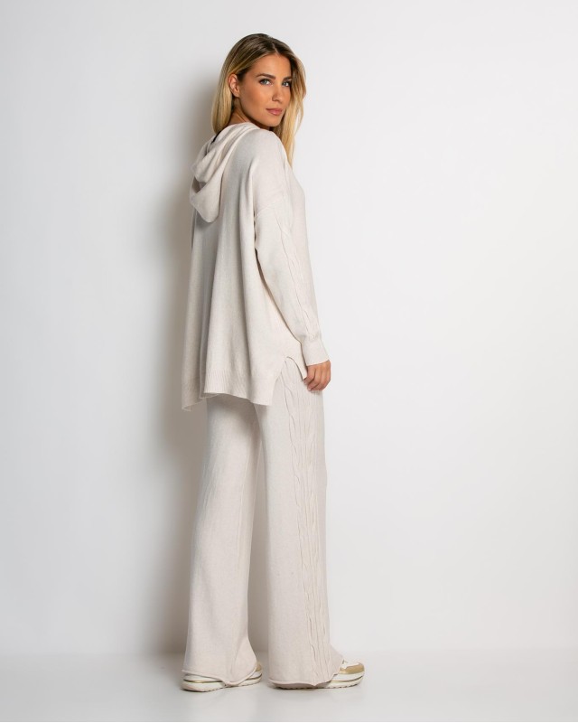 Σετ πλεκτό με σχέδιο πλεξούδα μπλούζα & παντελόνι cream