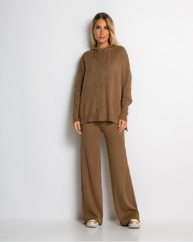 Σετ πλεκτό με σχέδιο πλεξούδα μπλούζα & παντελόνι κάμελ