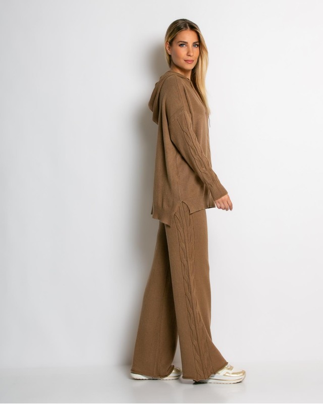 Σετ πλεκτό με σχέδιο πλεξούδα μπλούζα & παντελόνι κάμελ