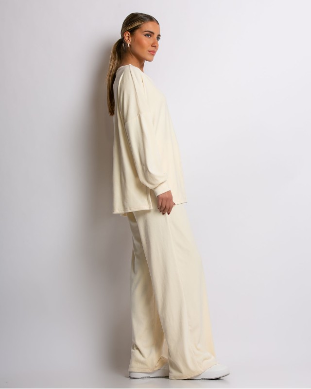 Σετ μπλούζα με V και παντελόνα βελουτέ εκρού