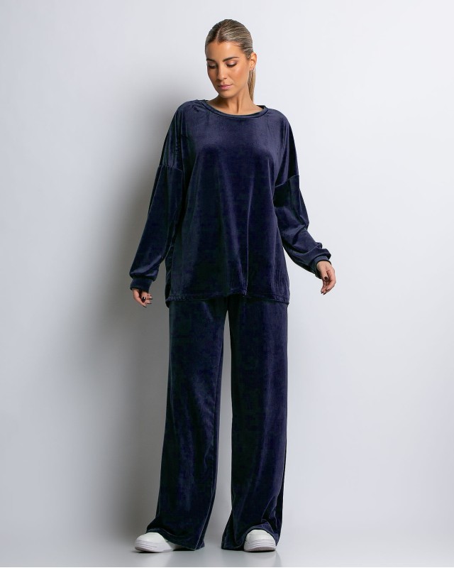 Σετ μπλούζα με λαιμόκοψη και παντελόνα βελουτέ navy