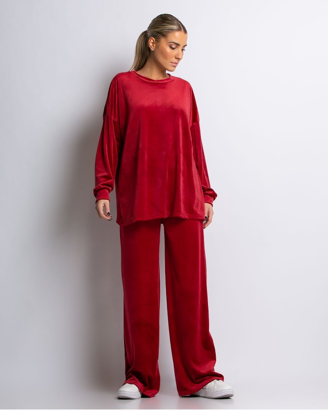 Σετ μπλούζα με λαιμόκοψη και παντελόνα βελουτέ κόκκινο